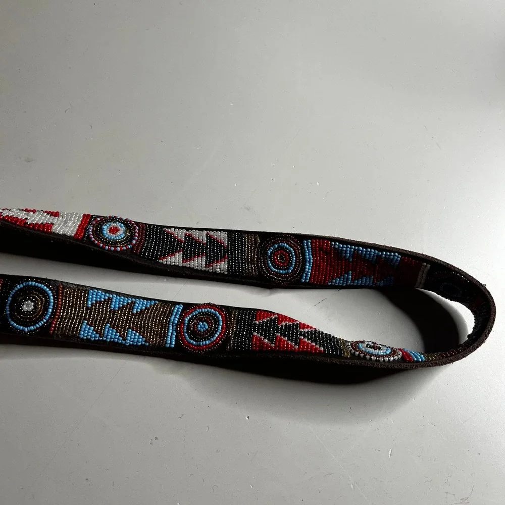 Vintage Southwestern Beaded Leather Belt Brown Geometric Native Style 33-37 Inch